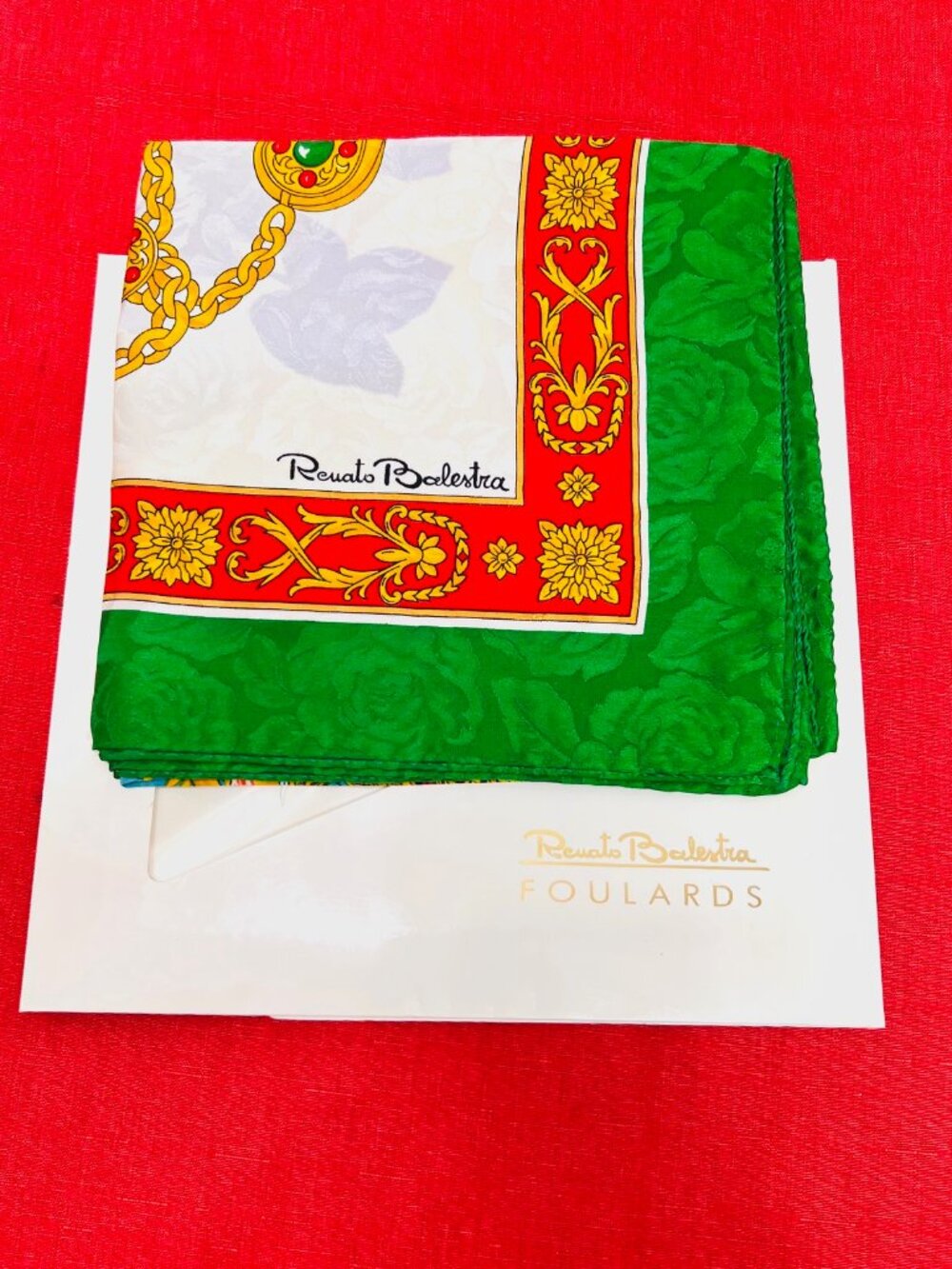 New W/Box Italy Made Renato Balestra 100% Silk Scarf 34" Green Ivery Red (66) - Picture 13 of 15